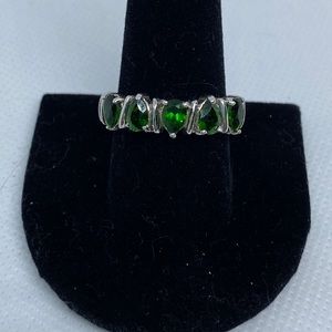 Sterling Silver Ring with Alternating Emerald Green Teardrop Gemstones, Size 10